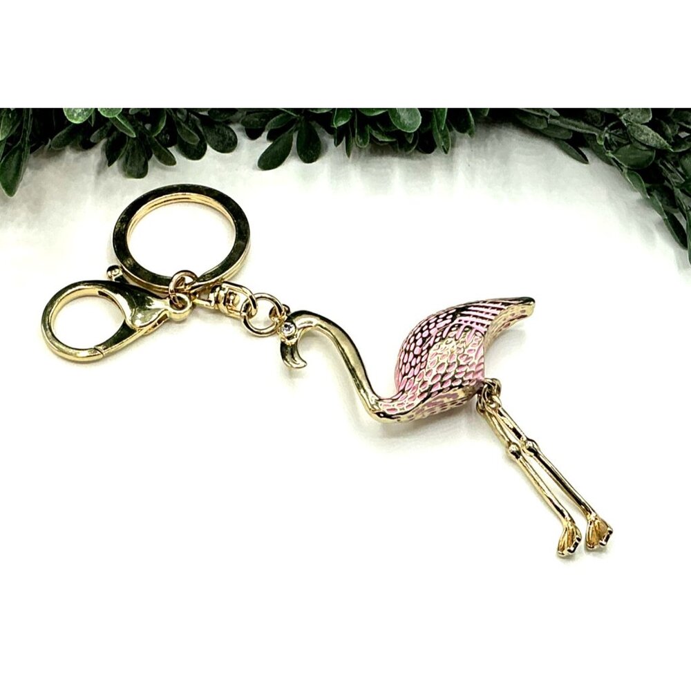 Pink and Gold Flamingo Keychain With Detachable Clasp and Ring Metal Charm Acces